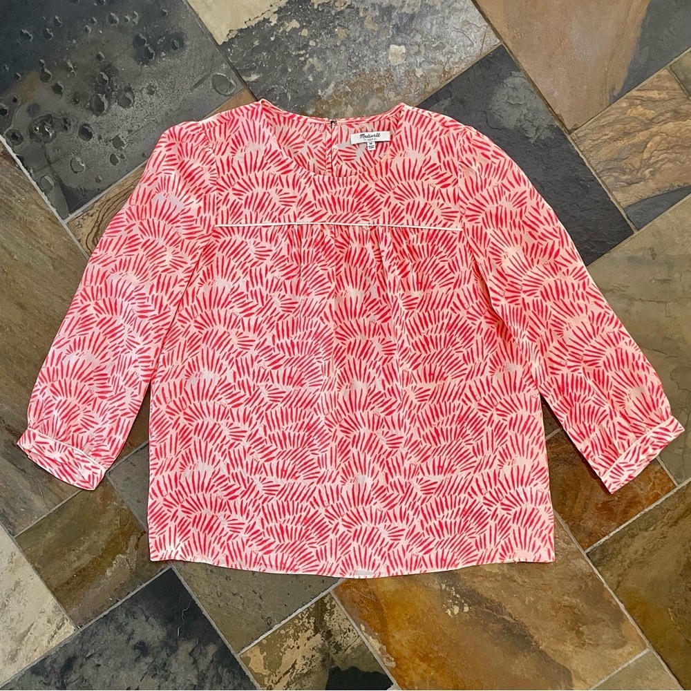 Madewell•M•100% Silk Crepe•Ecru/Hot Coral•Babydoll Shirt•3/4 Sleeves•Soft~Blousy